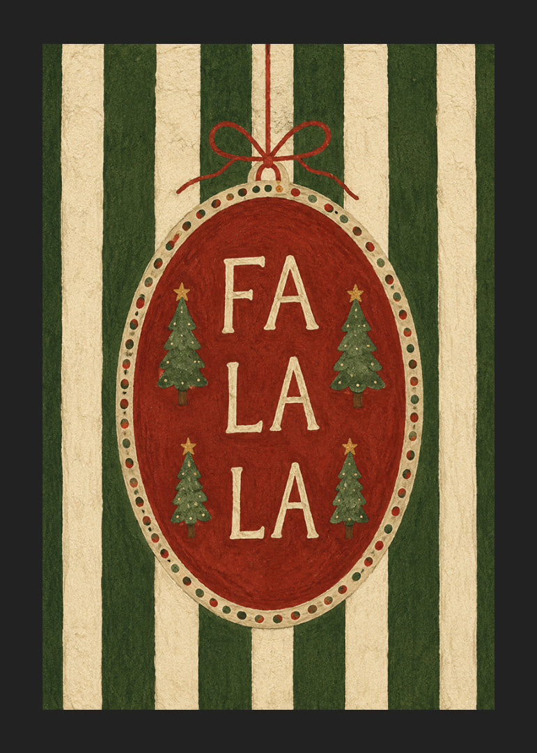 Cartel navideño con bola de adorno roja, abetos y la frase "Fa La La" con un toque vintage.-12