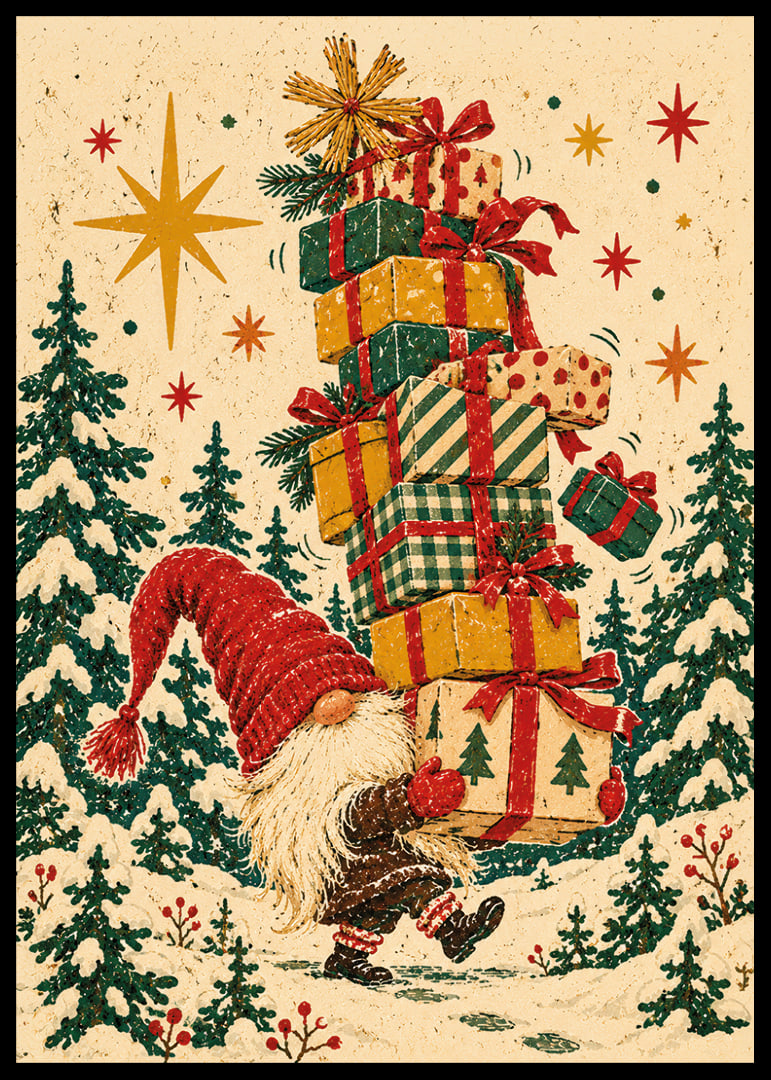 Un Papá Noel equilibra coloridos regalos de Navidad a través de un bosque nevado de abetos.-12