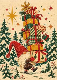 Un Papá Noel equilibra coloridos regalos de Navidad a través de un bosque nevado de abetos.-7