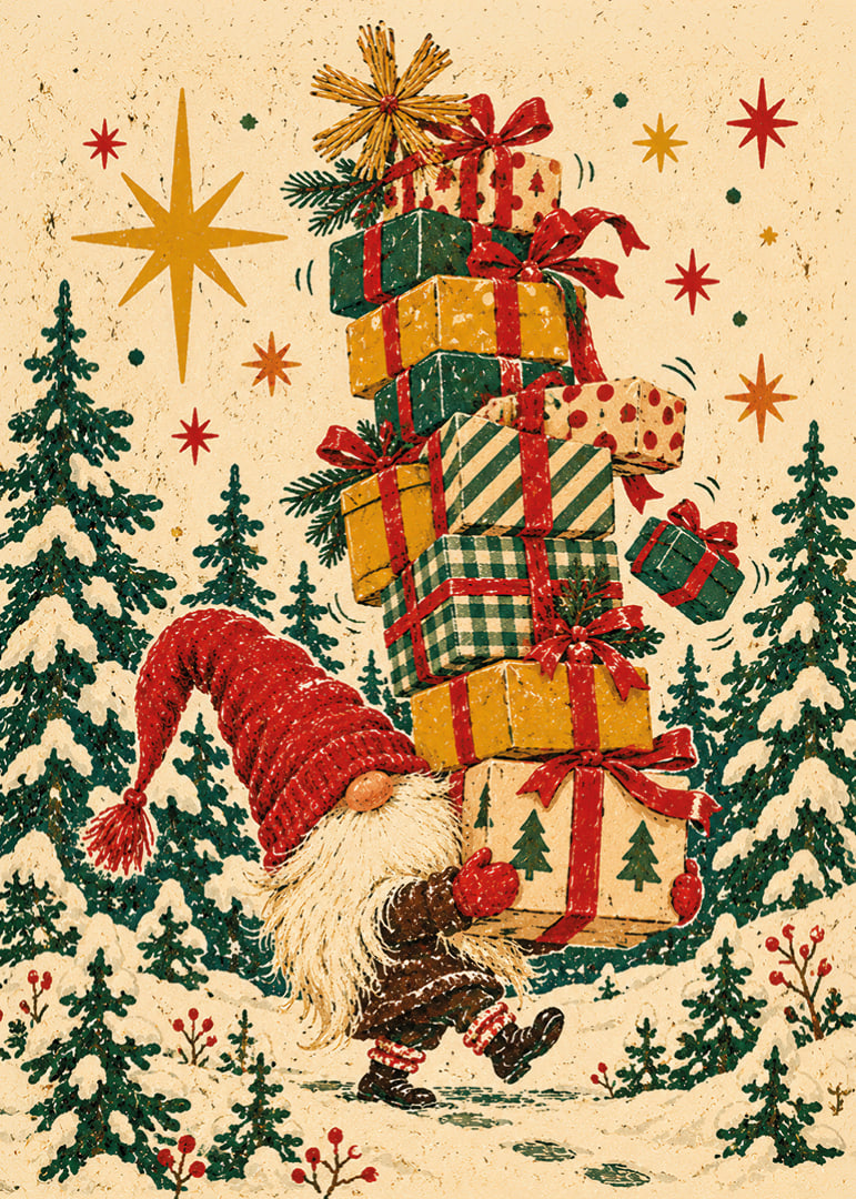 Un Papá Noel equilibra coloridos regalos de Navidad a través de un bosque nevado de abetos.-12