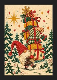 Un Papá Noel equilibra coloridos regalos de Navidad a través de un bosque nevado de abetos.-5