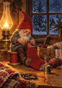 Un Papá Noel teje un calcetín navideño a la cálida luz de una lámpara mientras nieva afuera.-7
