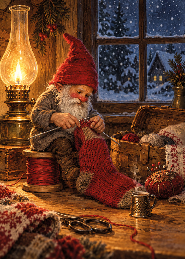 Un Papá Noel teje un calcetín navideño a la cálida luz de una lámpara mientras nieva afuera.-12