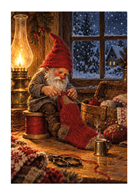 Un Papá Noel teje un calcetín navideño a la cálida luz de una lámpara mientras nieva afuera.-1