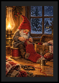 Un Papá Noel teje un calcetín navideño a la cálida luz de una lámpara mientras nieva afuera.-4
