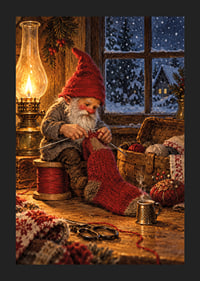 Un Papá Noel teje un calcetín navideño a la cálida luz de una lámpara mientras nieva afuera.-5