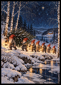 Duendes con linternas deambulan por un paisaje invernal cubierto de nieve bajo un cielo estrellado.-6
