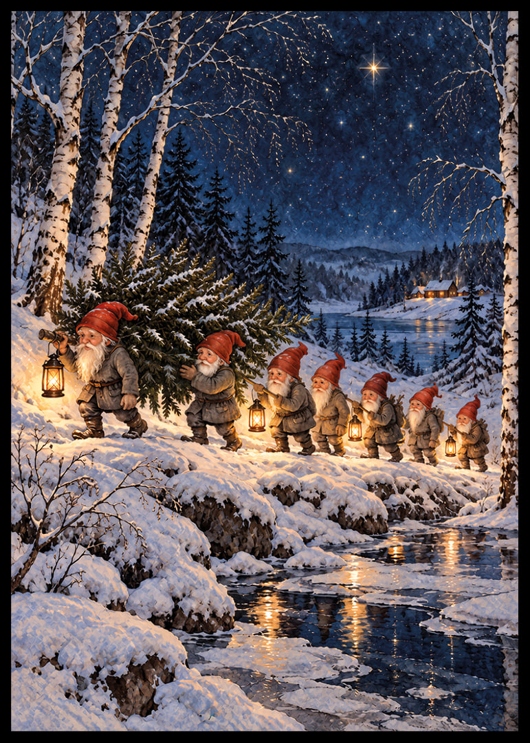 Duendes con linternas deambulan por un paisaje invernal cubierto de nieve bajo un cielo estrellado.-12