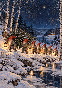 Duendes con linternas deambulan por un paisaje invernal cubierto de nieve bajo un cielo estrellado.-7