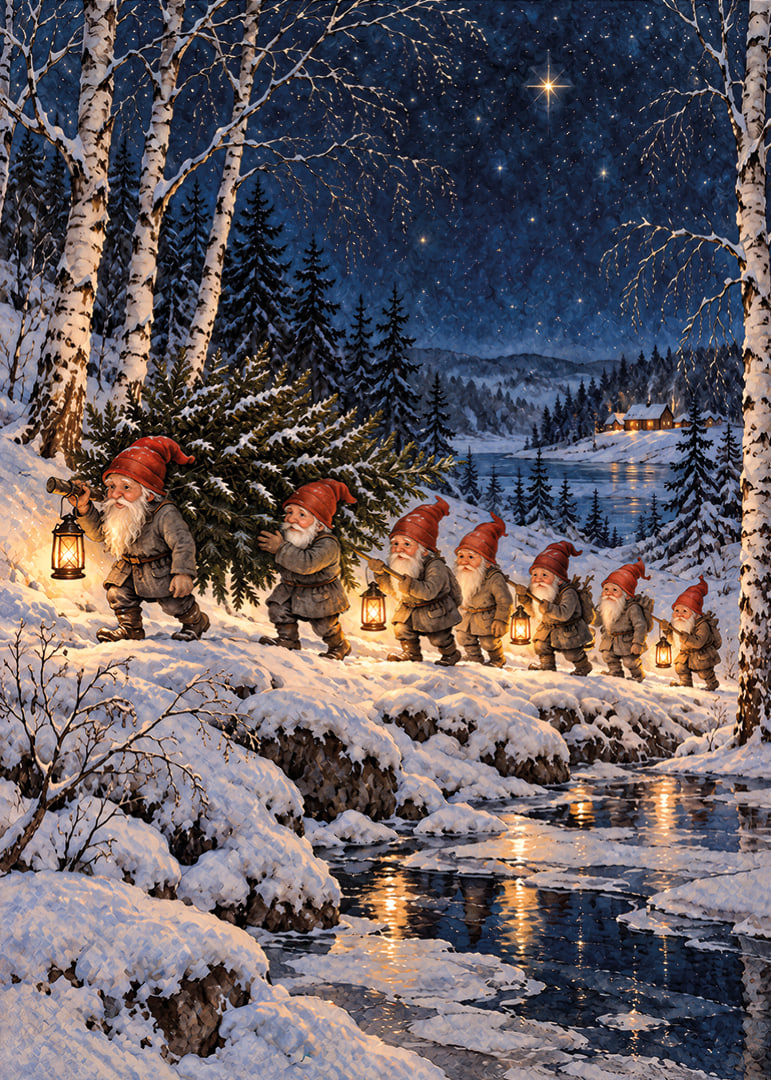 Duendes con linternas deambulan por un paisaje invernal cubierto de nieve bajo un cielo estrellado.-12