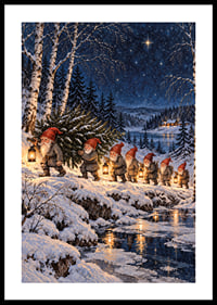 Duendes con linternas deambulan por un paisaje invernal cubierto de nieve bajo un cielo estrellado.-0