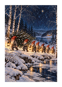 Duendes con linternas deambulan por un paisaje invernal cubierto de nieve bajo un cielo estrellado.-1