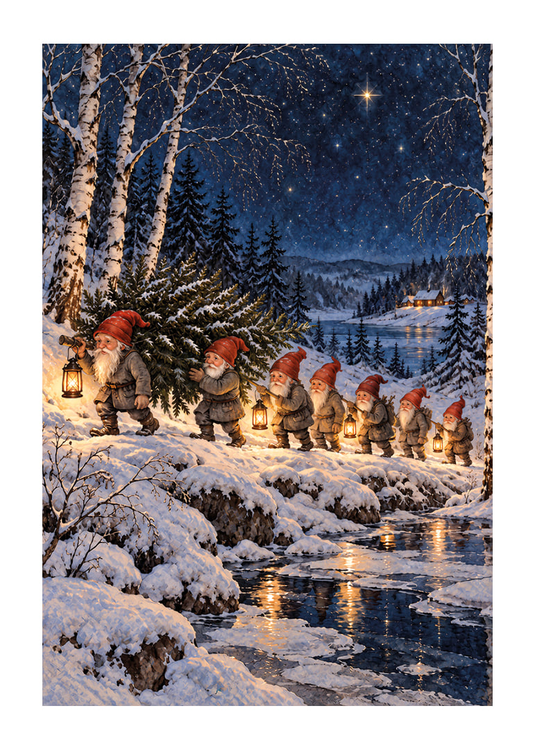 Duendes con linternas deambulan por un paisaje invernal cubierto de nieve bajo un cielo estrellado.-12