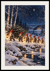 Duendes con linternas deambulan por un paisaje invernal cubierto de nieve bajo un cielo estrellado.-2