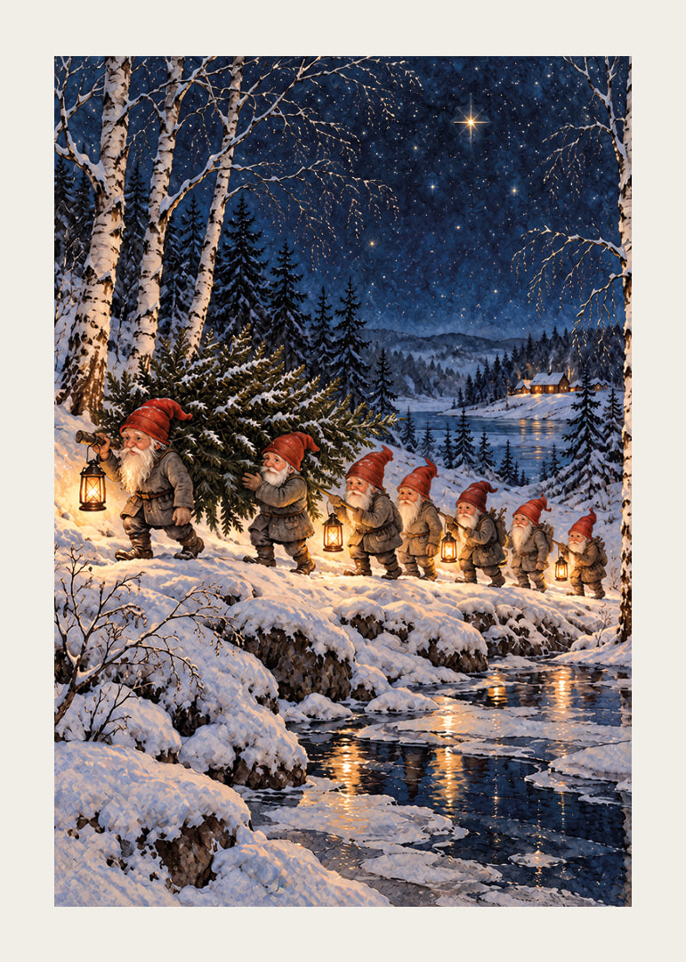 Duendes con linternas deambulan por un paisaje invernal cubierto de nieve bajo un cielo estrellado.-12