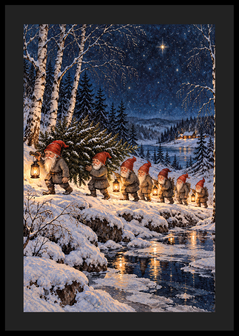 Duendes con linternas deambulan por un paisaje invernal cubierto de nieve bajo un cielo estrellado.-12