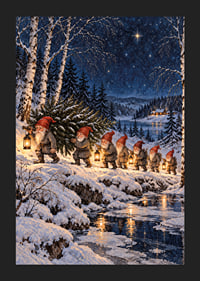Duendes con linternas deambulan por un paisaje invernal cubierto de nieve bajo un cielo estrellado.-5