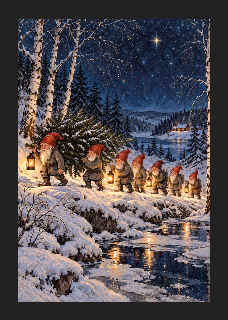 Duendes con linternas deambulan por un paisaje invernal cubierto de nieve bajo un cielo estrellado.-12