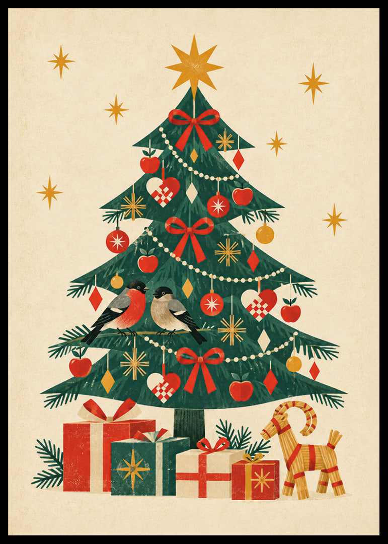 Un árbol de Navidad decorado con jilgueros, paquetes y cálidos detalles nórdicos.-12
