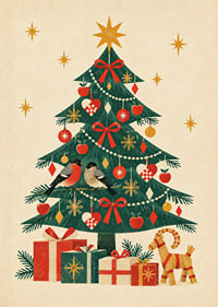 Un árbol de Navidad decorado con jilgueros, paquetes y cálidos detalles nórdicos.-7