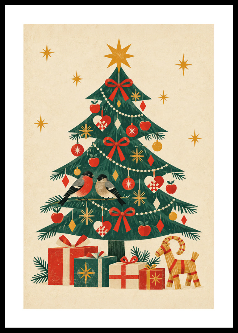 Un árbol de Navidad decorado con jilgueros, paquetes y cálidos detalles nórdicos.-12