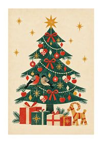 Un árbol de Navidad decorado con jilgueros, paquetes y cálidos detalles nórdicos.-1