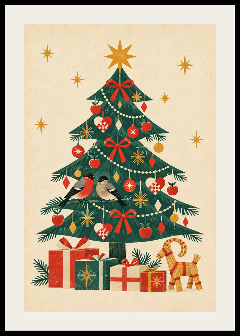 Un árbol de Navidad decorado con jilgueros, paquetes y cálidos detalles nórdicos.-12