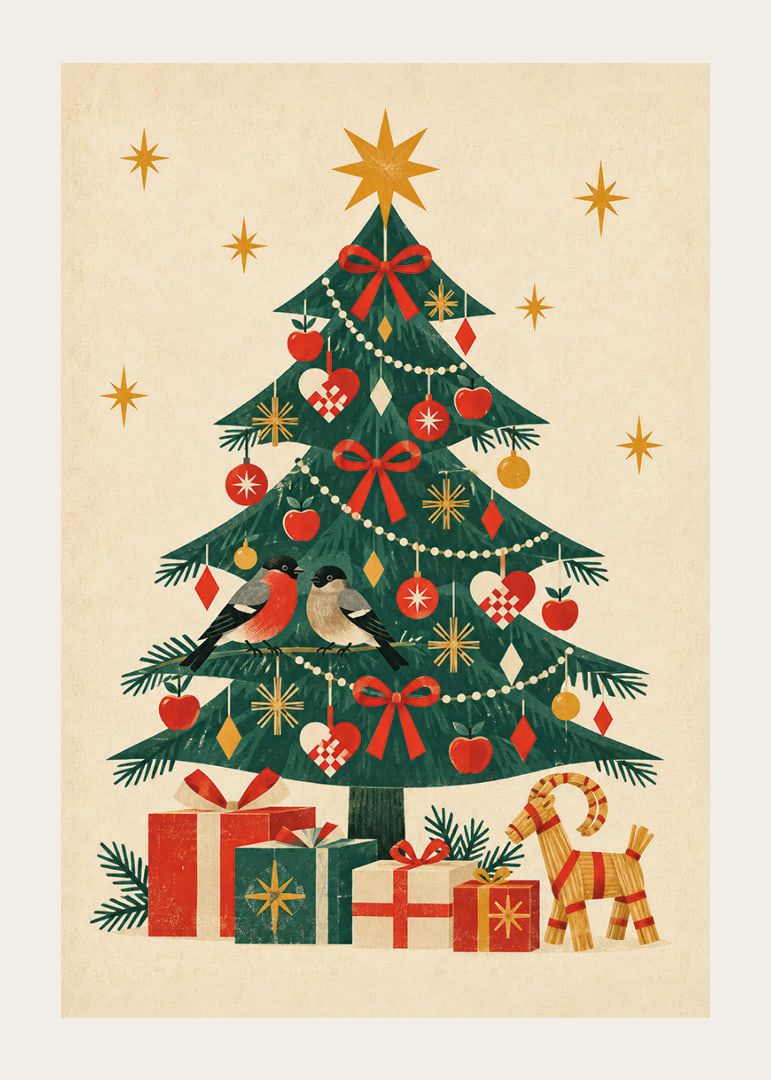 Un árbol de Navidad decorado con jilgueros, paquetes y cálidos detalles nórdicos.-12