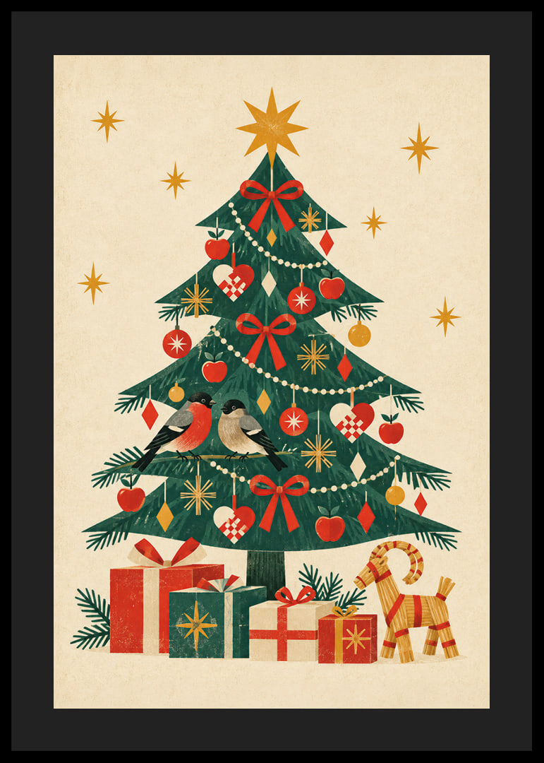 Un árbol de Navidad decorado con jilgueros, paquetes y cálidos detalles nórdicos.-12