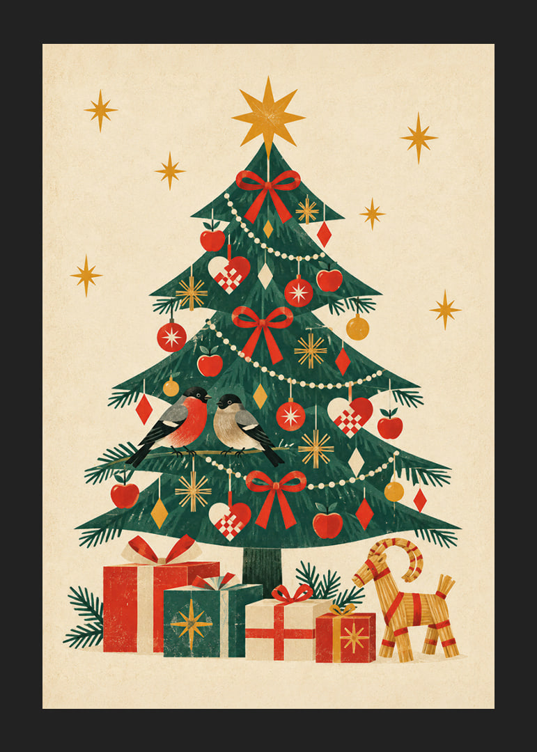 Un árbol de Navidad decorado con jilgueros, paquetes y cálidos detalles nórdicos.-12