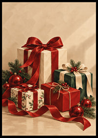 Cartel navideño con una atmósfera especial, con paquetes bellamente envueltos, cintas rojas y verde abeto.-6