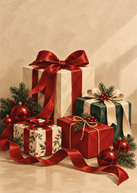 Cartel navideño con una atmósfera especial, con paquetes bellamente envueltos, cintas rojas y verde abeto.-7
