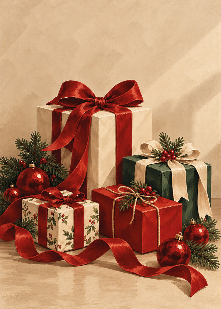 Cartel navideño con una atmósfera especial, con paquetes bellamente envueltos, cintas rojas y verde abeto.-12