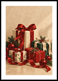 Cartel navideño con una atmósfera especial, con paquetes bellamente envueltos, cintas rojas y verde abeto.-0