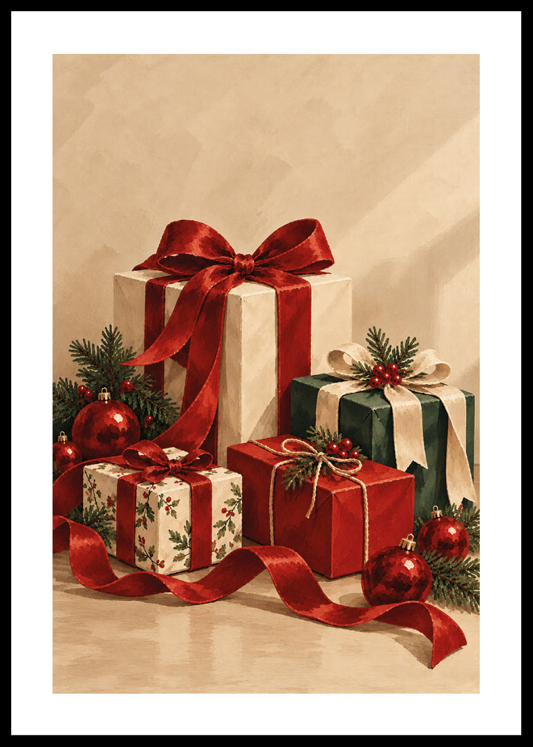 Cartel navideño con una atmósfera especial, con paquetes bellamente envueltos, cintas rojas y verde abeto.-12