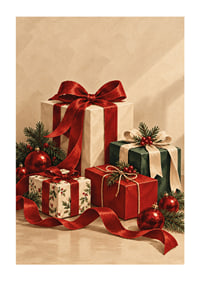 Cartel navideño con una atmósfera especial, con paquetes bellamente envueltos, cintas rojas y verde abeto.-1