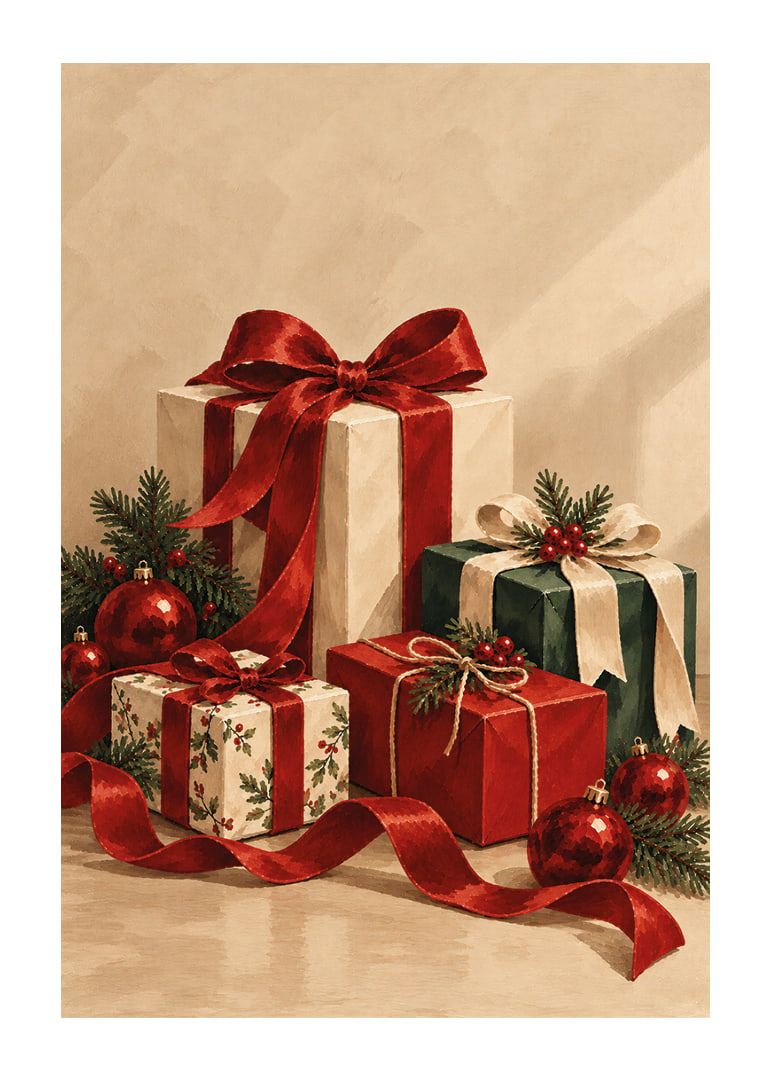 Cartel navideño con una atmósfera especial, con paquetes bellamente envueltos, cintas rojas y verde abeto.-12