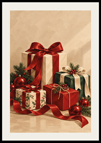 Cartel navideño con una atmósfera especial, con paquetes bellamente envueltos, cintas rojas y verde abeto.-2