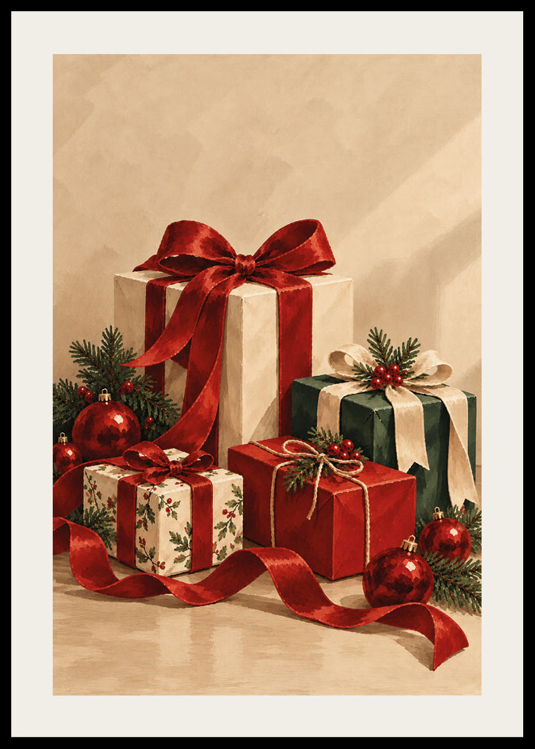 Cartel navideño con una atmósfera especial, con paquetes bellamente envueltos, cintas rojas y verde abeto.-12