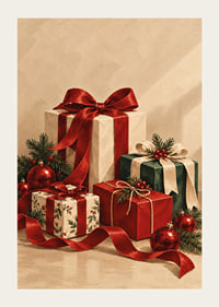 Cartel navideño con una atmósfera especial, con paquetes bellamente envueltos, cintas rojas y verde abeto.-3