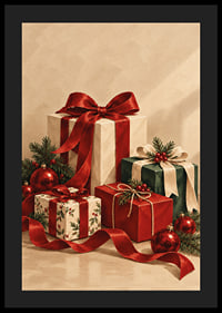 Cartel navideño con una atmósfera especial, con paquetes bellamente envueltos, cintas rojas y verde abeto.-4
