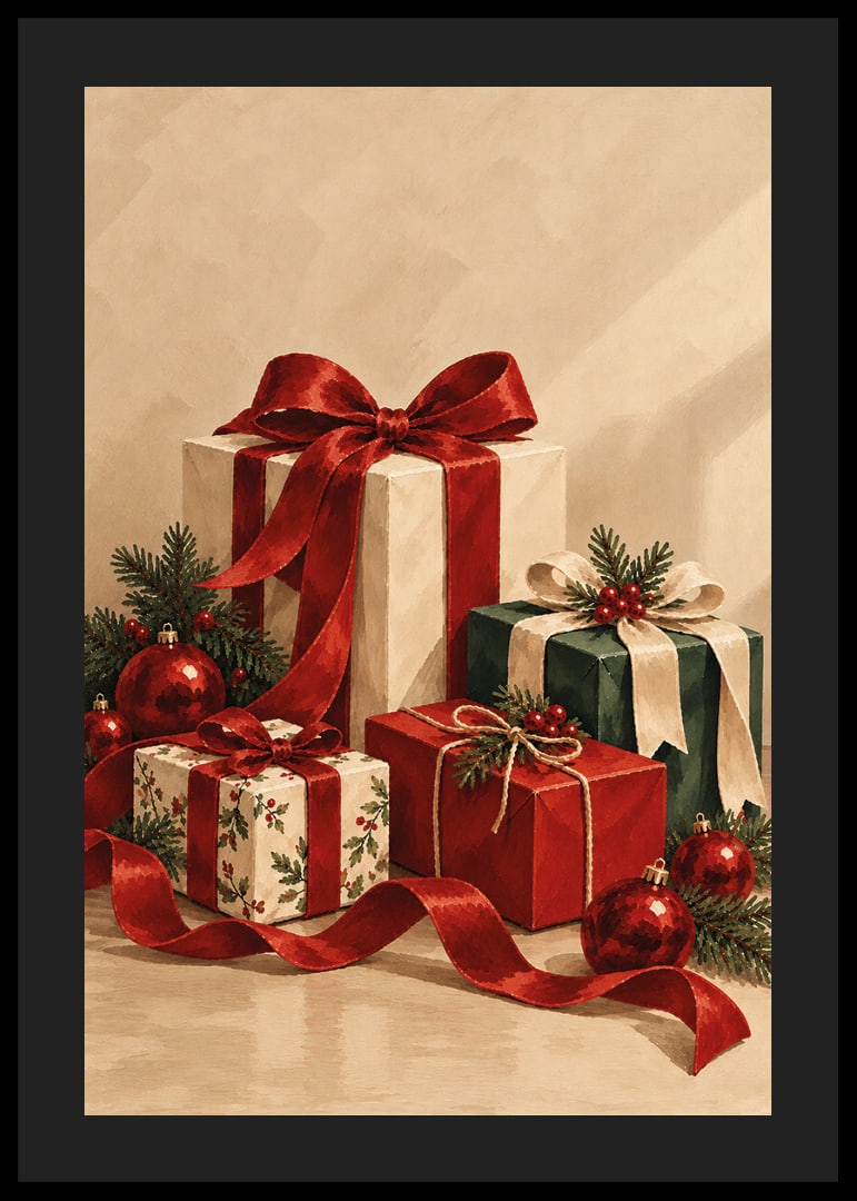 Cartel navideño con una atmósfera especial, con paquetes bellamente envueltos, cintas rojas y verde abeto.-12