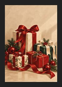 Cartel navideño con una atmósfera especial, con paquetes bellamente envueltos, cintas rojas y verde abeto.-5