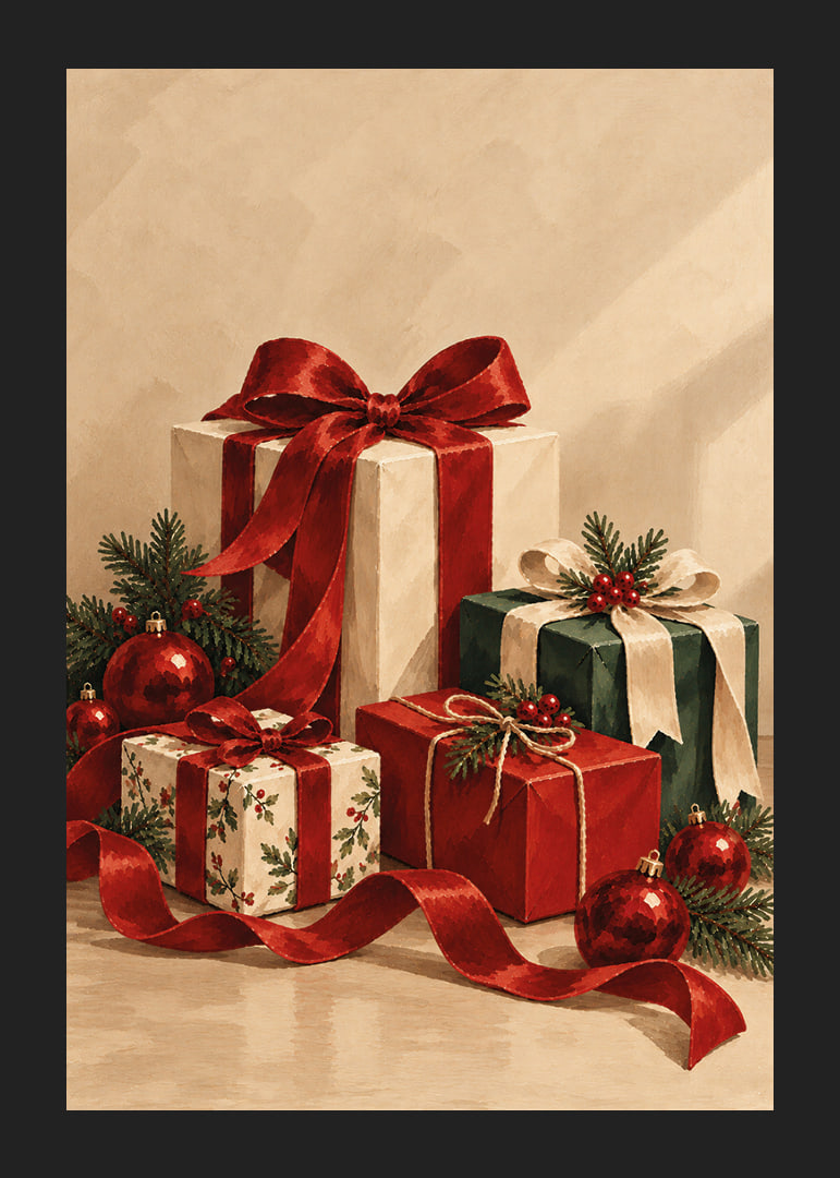 Cartel navideño con una atmósfera especial, con paquetes bellamente envueltos, cintas rojas y verde abeto.-12