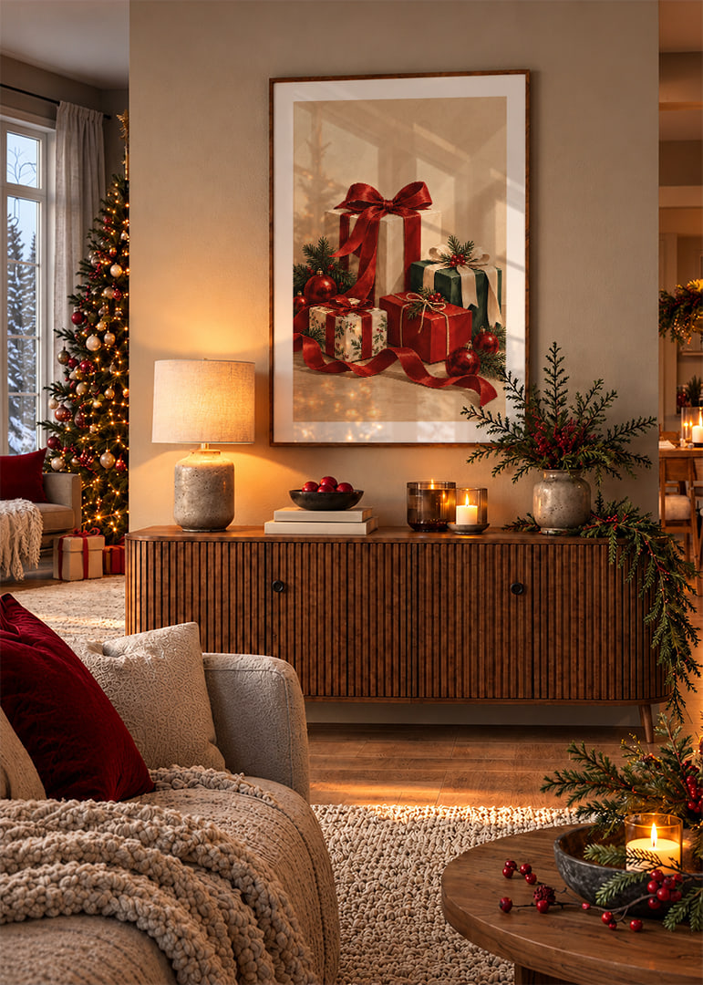 Cartel navideño con una atmósfera especial, con paquetes bellamente envueltos, cintas rojas y verde abeto.-12