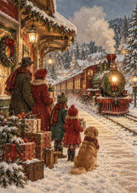 Una locomotora de vapor llega a una estación cubierta de nieve en un cálido ambiente navideño.-7