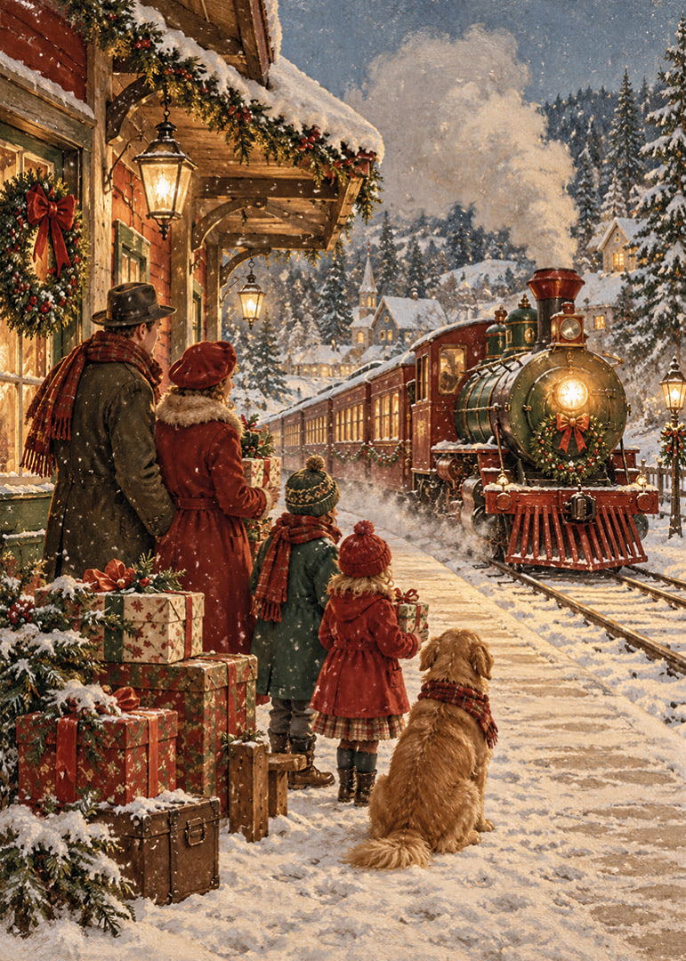 Una locomotora de vapor llega a una estación cubierta de nieve en un cálido ambiente navideño.-12