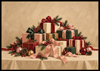 Cartel navideño con una atmósfera especial, con paquetes bellamente envueltos, ramas de abeto y detalles rojos.-6