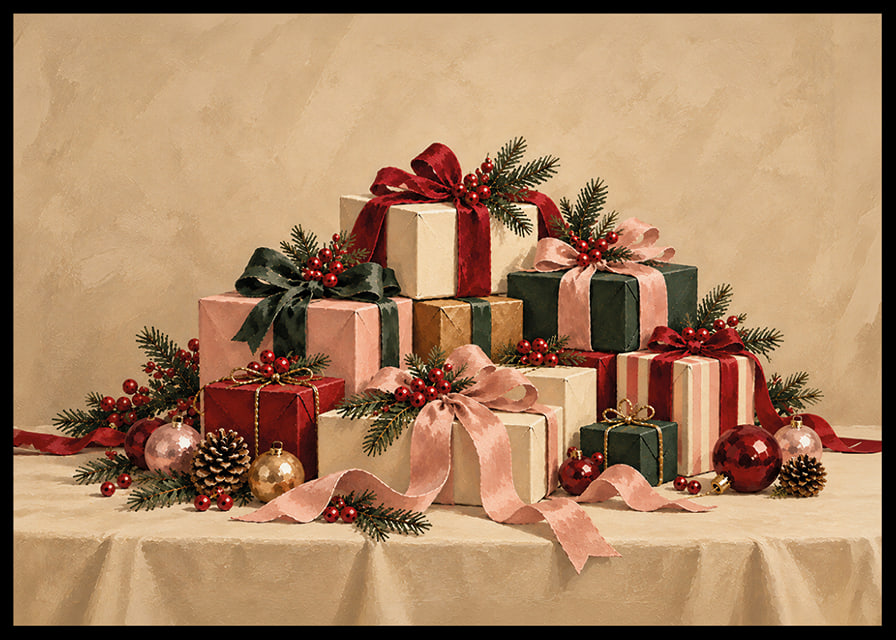 Cartel navideño con una atmósfera especial, con paquetes bellamente envueltos, ramas de abeto y detalles rojos.-12