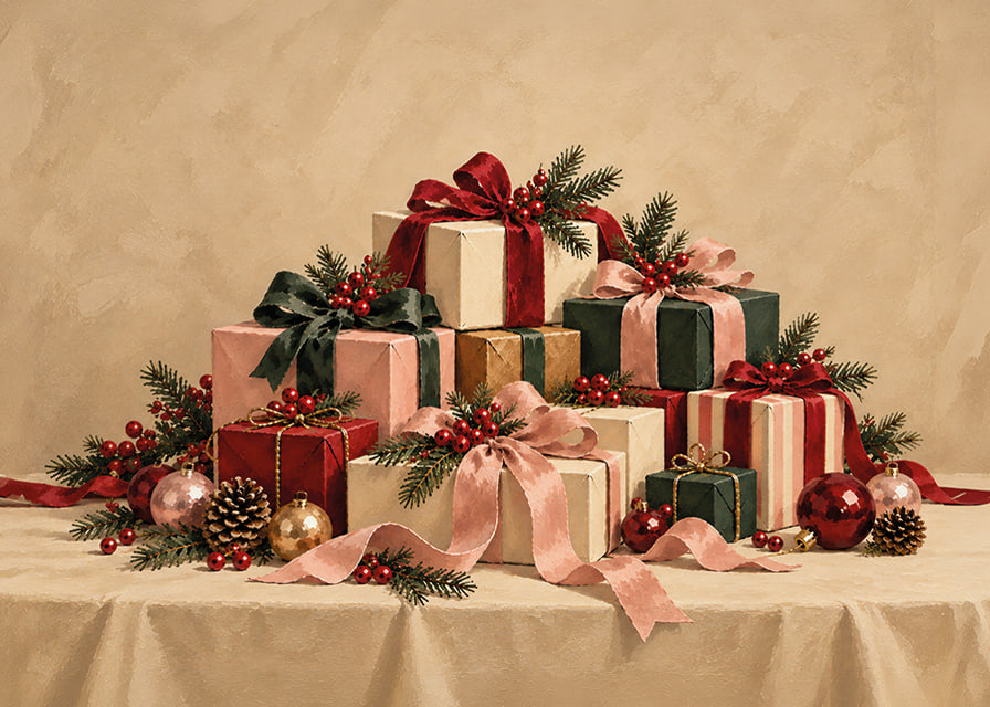 Cartel navideño con una atmósfera especial, con paquetes bellamente envueltos, ramas de abeto y detalles rojos.-12
